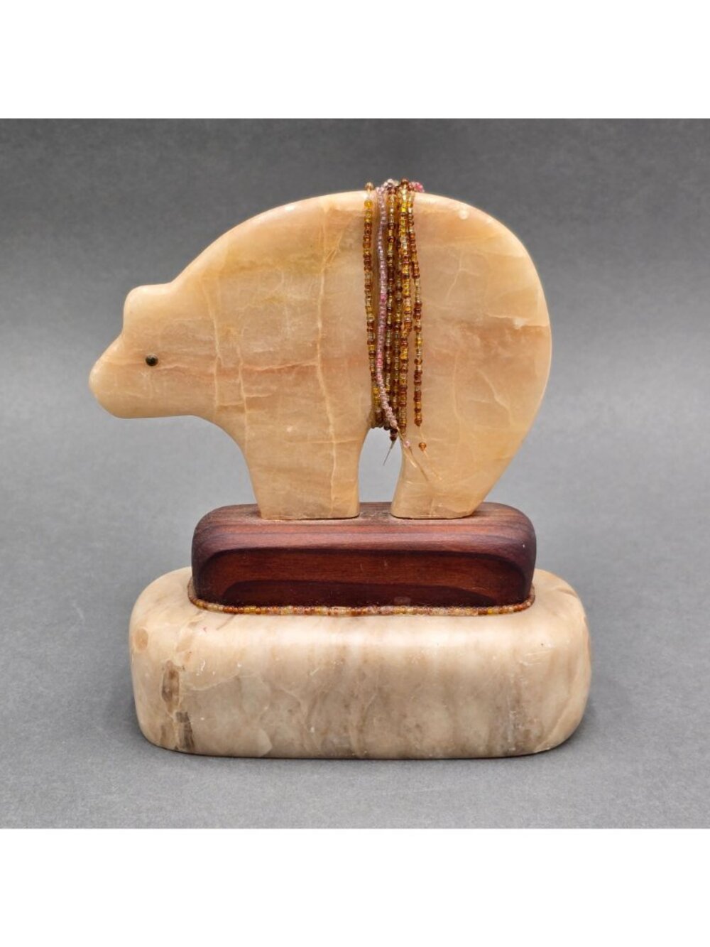 Alabaster Bear Fetish Carving Wood Base Signed Riverwoman Numbered 4011 7" READ - Picture 6 of 16